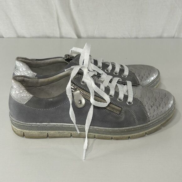 Remonte Shoes 39 Womens 8.5 Soft Sneakers Casual Gray Silver Leather Side Zip - Picture 1 of 7